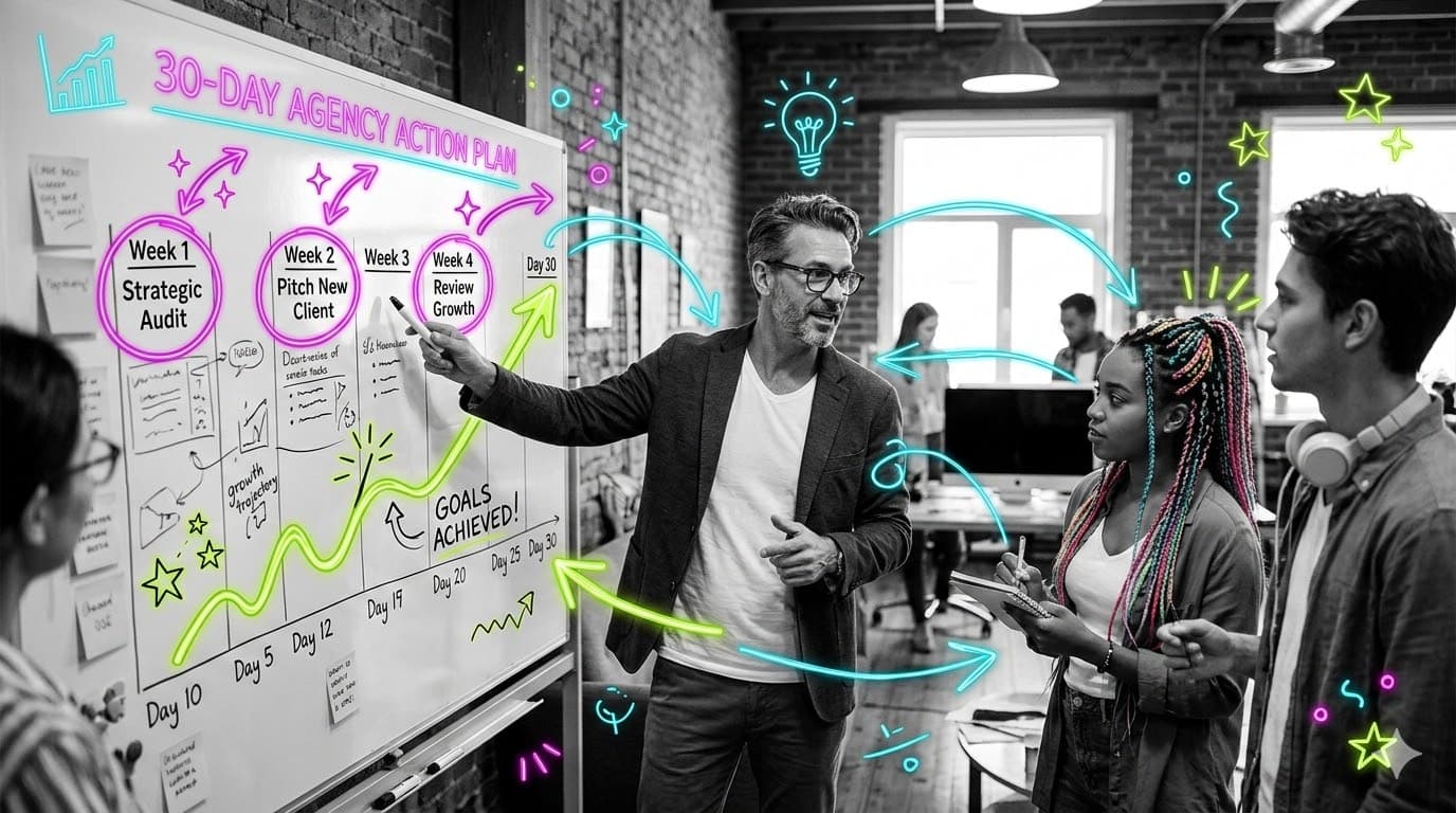 Plan d'action 30 jours pour DG d'agence créative avec IA